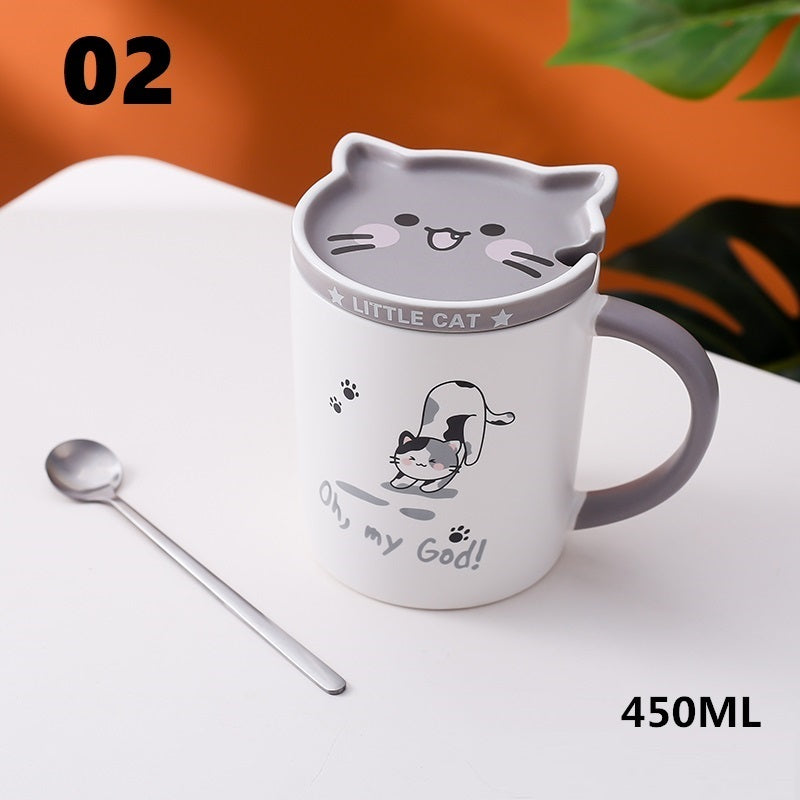 Cartoon Cat Ceramic Coffee Mug With Lid & Spoon