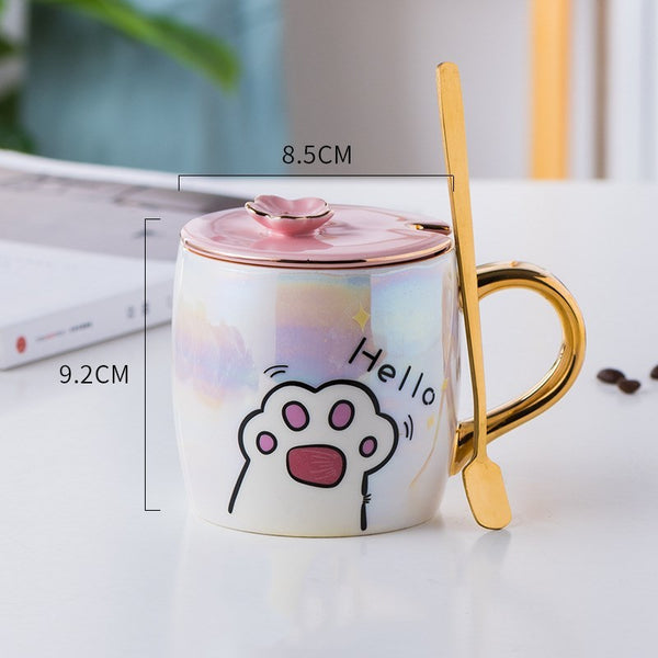 Cute Cat Paw - Cartoon Ceramics Coffee Mugs With Lid and Spoon