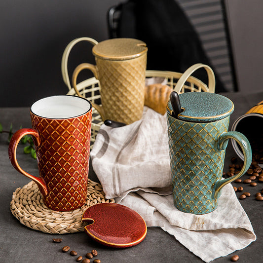 Tall Latte Vintage Ceramic Coffee Mug Set with Spoon and Cover