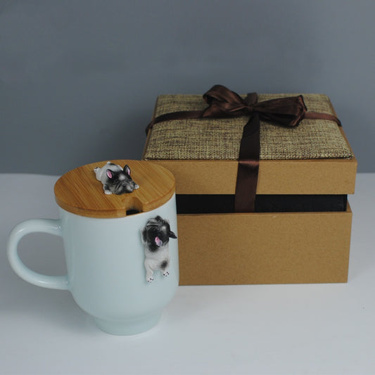 Corgi Dog Mug with Wooden Lid and Porcelain Spoon