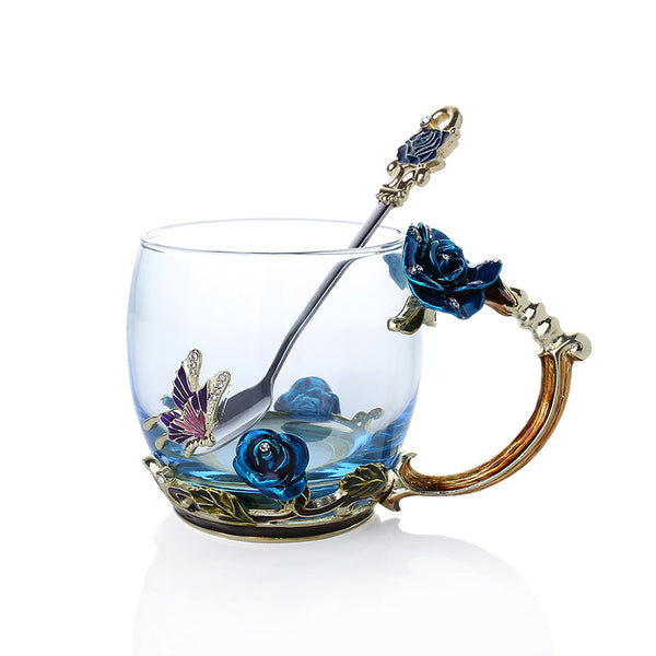 Butterfly Rose Enamel Heat-resistant Glass Coffee Cup with Spoon Set