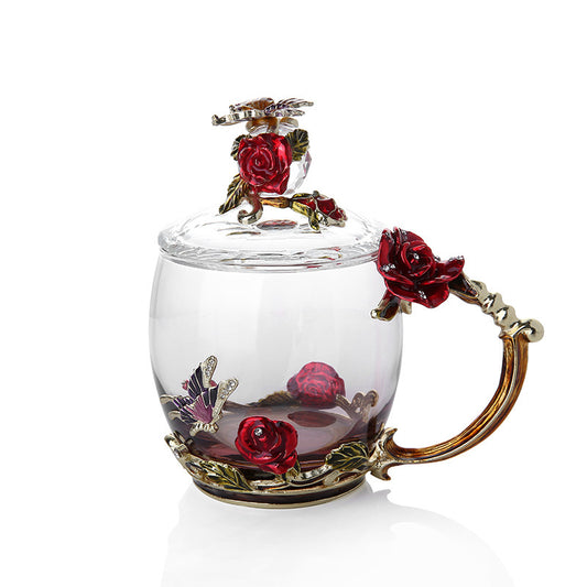 Butterfly Rose Enamel Heat-resistant Glass Coffee Cup with Spoon Set