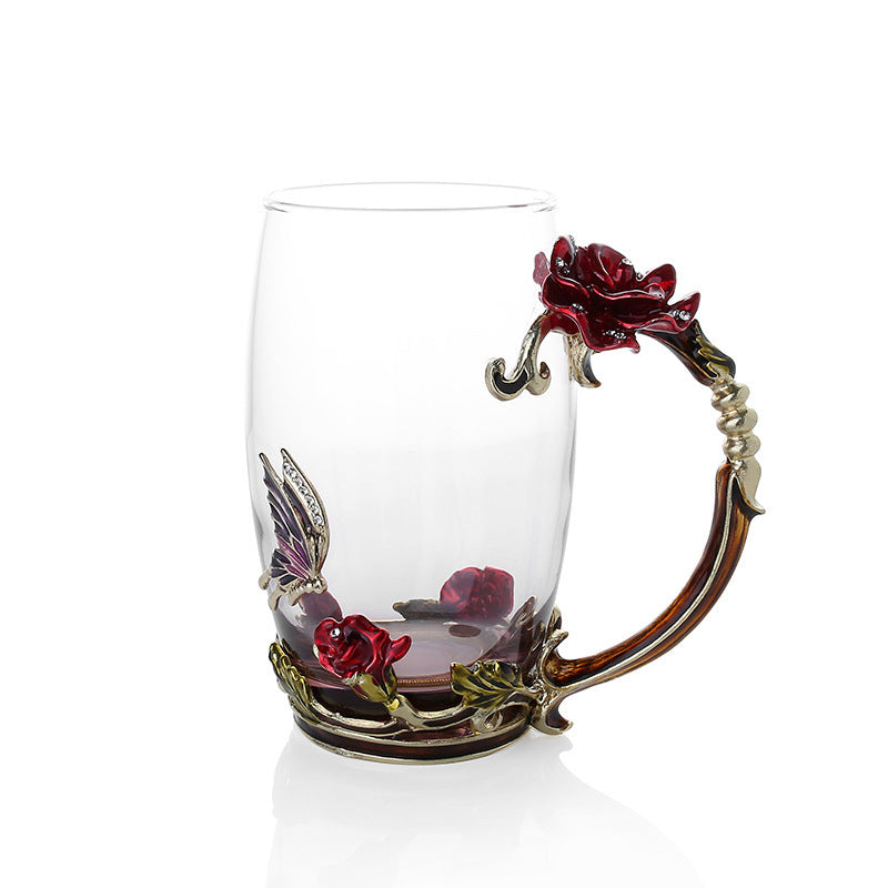 Butterfly Rose Enamel Heat-resistant Glass Coffee Cup with Spoon Set