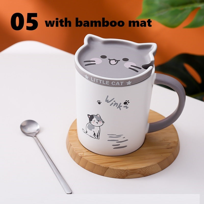 Cartoon Cat Ceramic Coffee Mug With Lid & Spoon