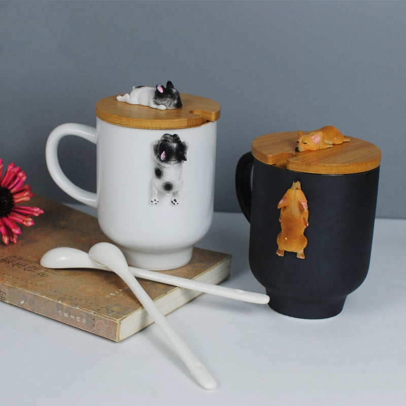 Corgi Dog Mug with Wooden Lid and Porcelain Spoon