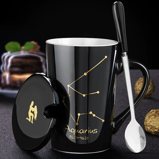 Zodiac Constellations Porcelain Mug with Spoon & Lid