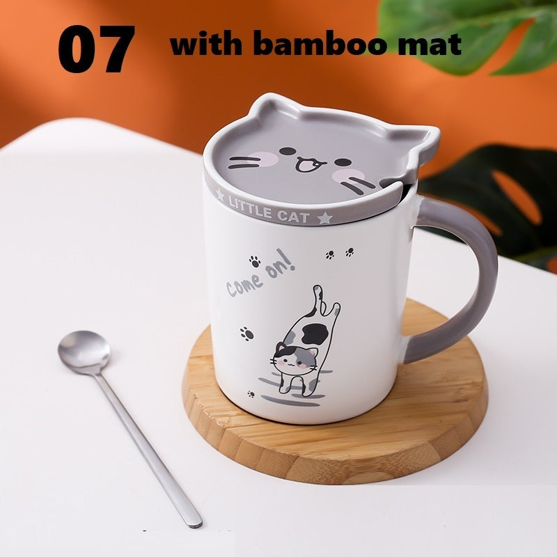 Cartoon Cat Ceramic Coffee Mug With Lid & Spoon