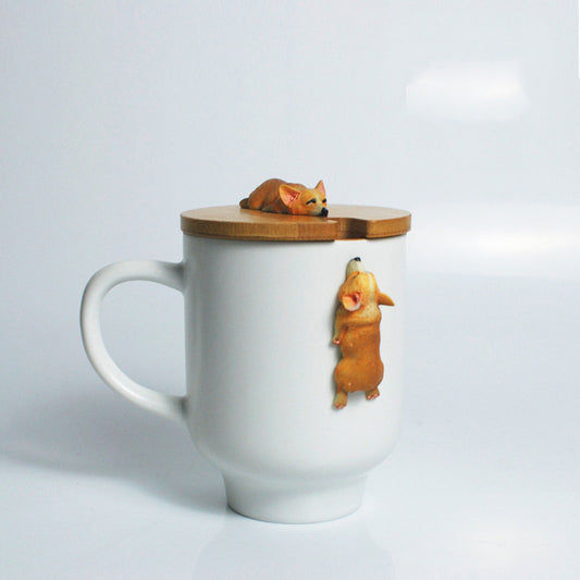 Corgi Dog Mug with Wooden Lid and Porcelain Spoon