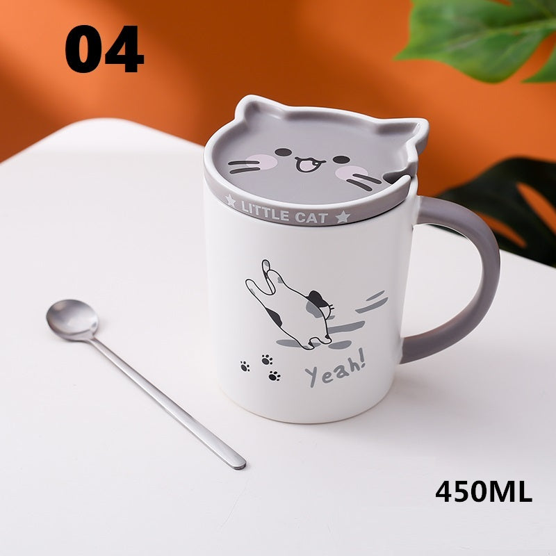 Cartoon Cat Ceramic Coffee Mug With Lid & Spoon