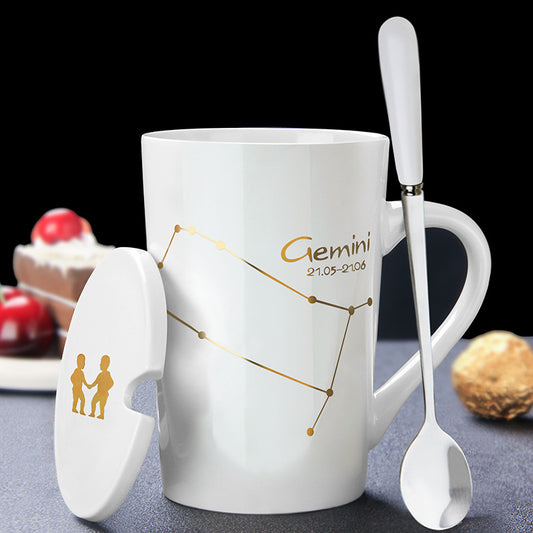 Zodiac Constellations Porcelain Mug with Spoon & Lid