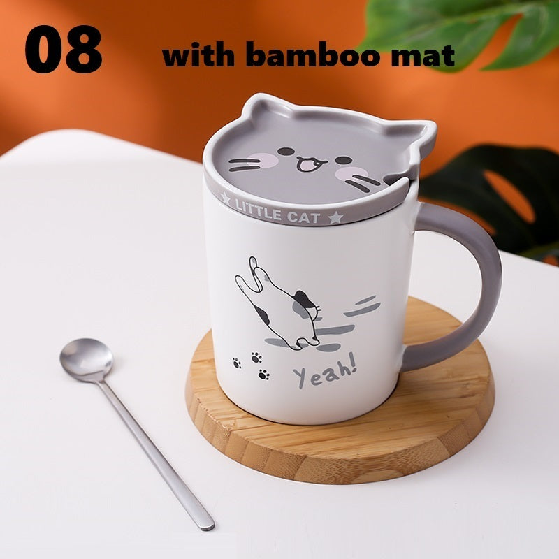 Cartoon Cat Ceramic Coffee Mug With Lid & Spoon