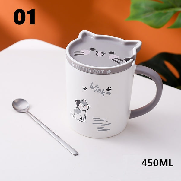 Cartoon Cat Ceramic Coffee Mug With Lid & Spoon