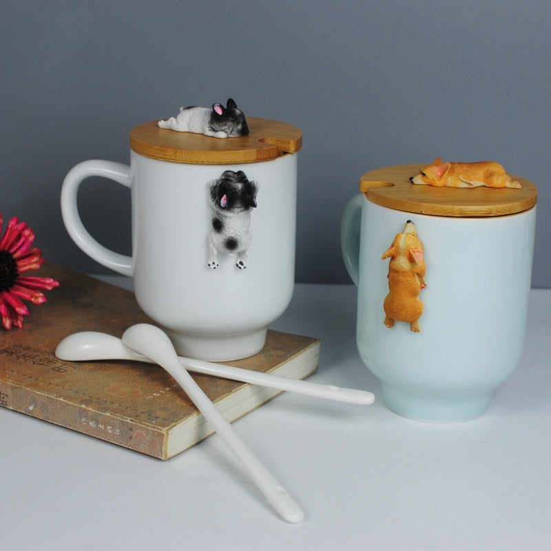 Corgi Dog Mug with Wooden Lid and Porcelain Spoon