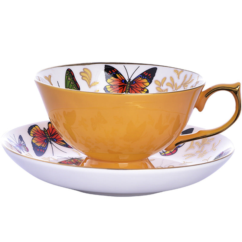 Elegant Butterfly Porcelain Coffee Cup with Saucer Hight Quality Bone China Yelow