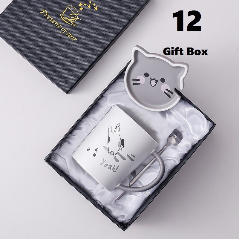 Cartoon Cat Ceramic Coffee Mug With Lid & Spoon